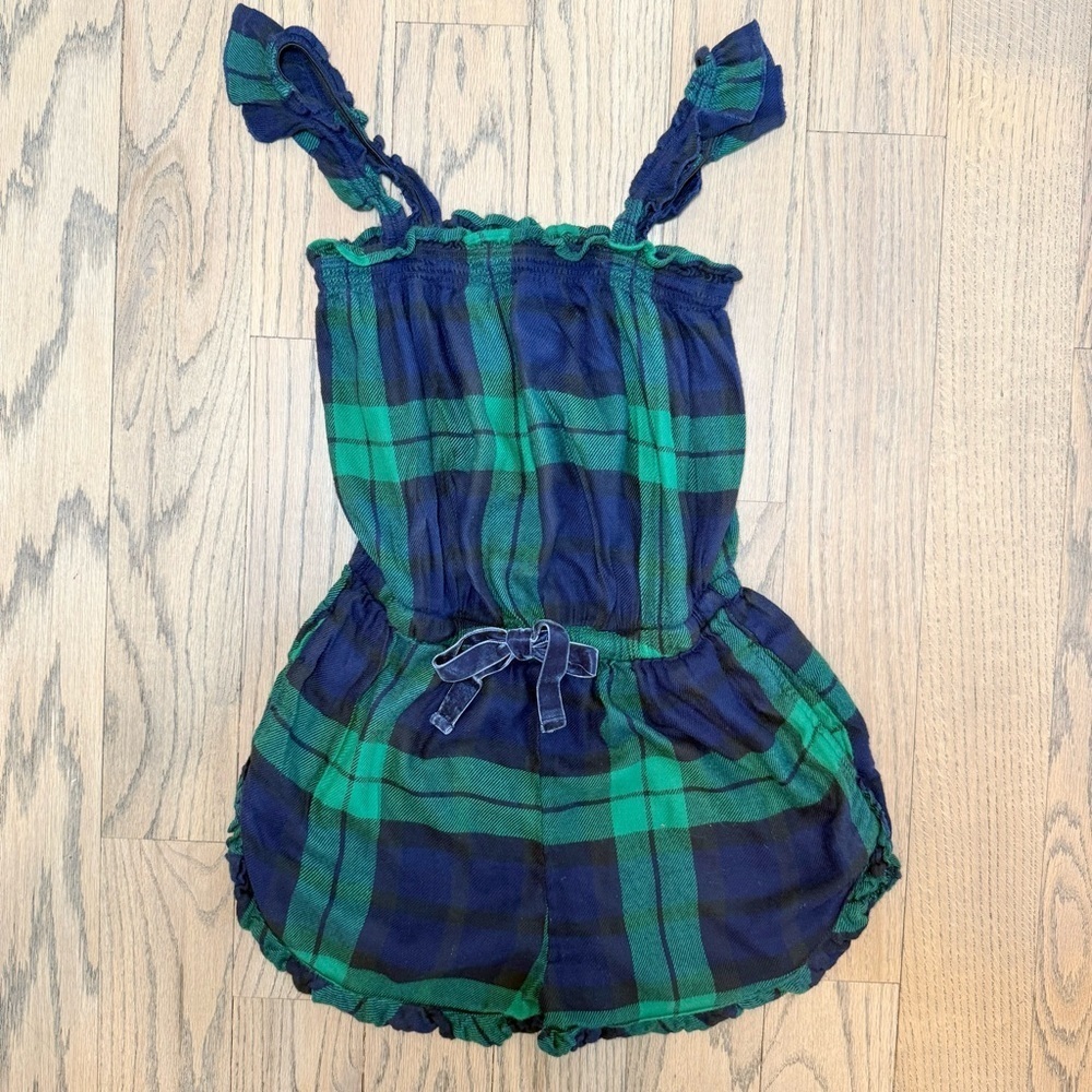 Aerie Women’s Plaid Green and Blue Flannel Ruffled Pajama Romper Size Small - Picture 2 of 12